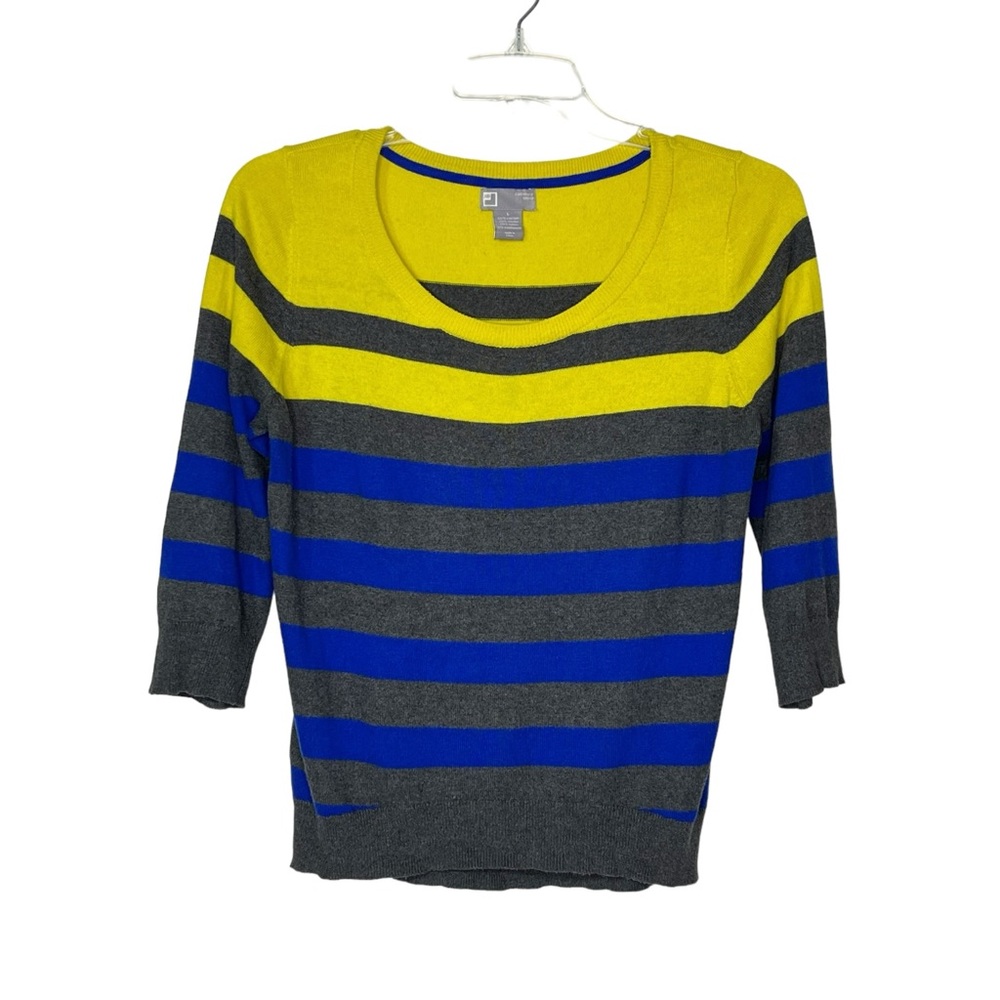 JCP Cashmere Blend Striped Blue Yellow Gray Pullover Sweater 3/4 Sleeve Womens L